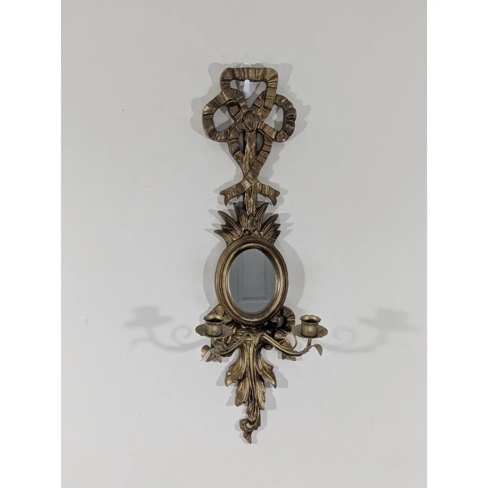 Vintage Italian Giltwood Bow Top Botanical Decor Mirror Two Candle Wall Sconce